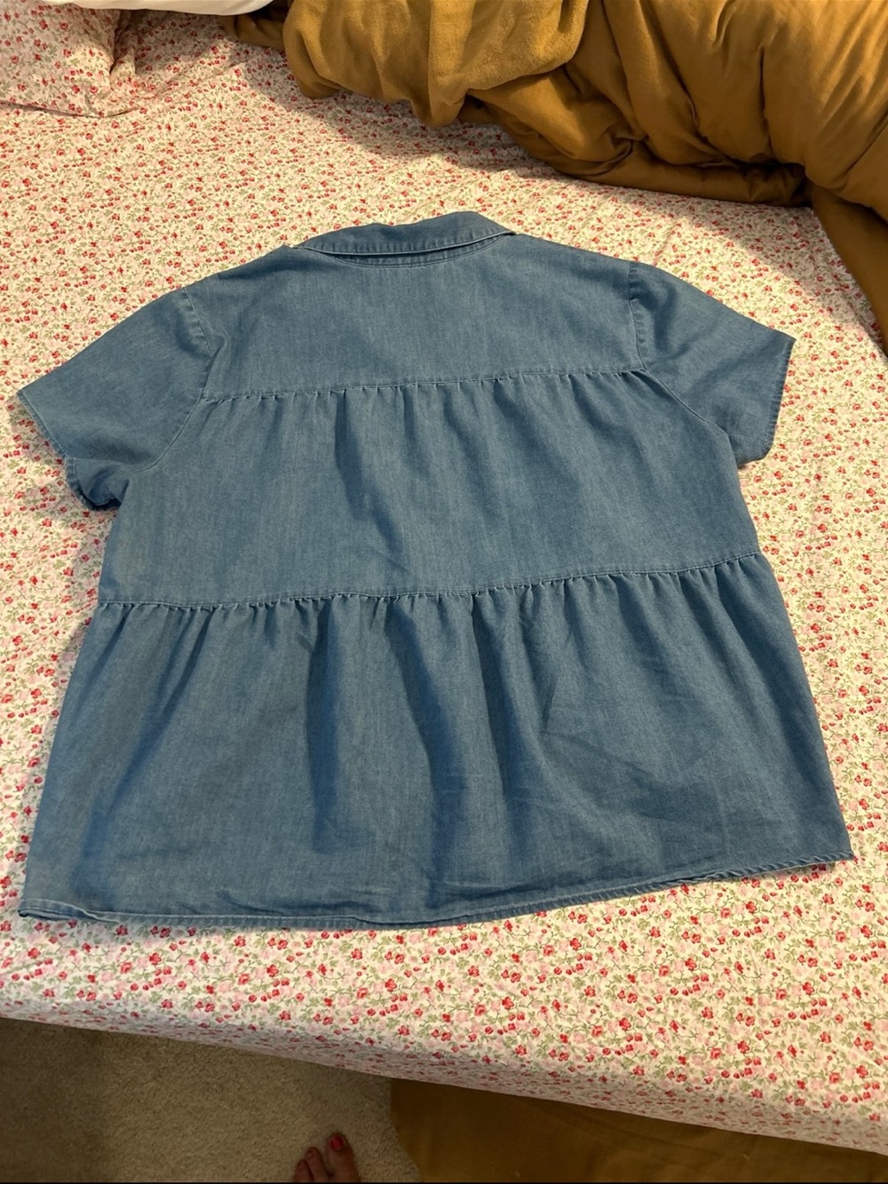 Denim Button-Front Peplum Top - Blue - Picture 3 of 4